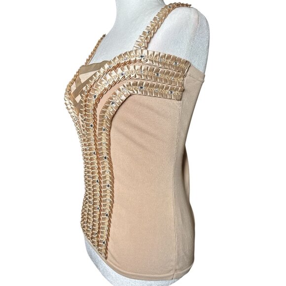 Leo Guy Size M Color Tan Sleeveless evening Top  Intricate Silver Rhine Stone - Picture 6 of 10